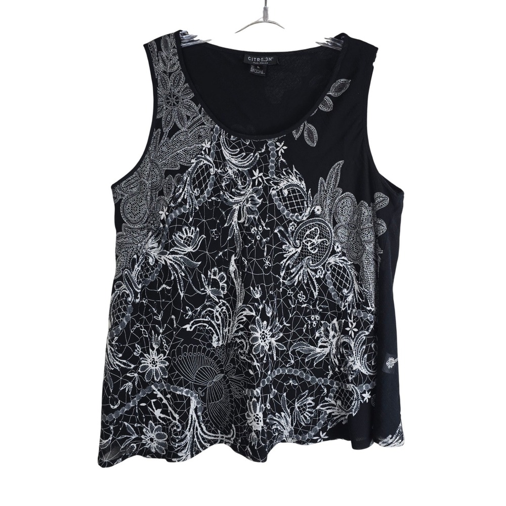 Citron Santa Monica Silk Blend Tank Top Large Black White Floral Lace Print